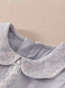 青少年女孩網紗拼接前蝴蝶結泡泡袖彼得潘領連衣裙 - 灰色 - 查看 8