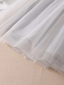 青少年女孩網紗拼接前蝴蝶結泡泡袖彼得潘領連衣裙 - 灰色 - 查看 9