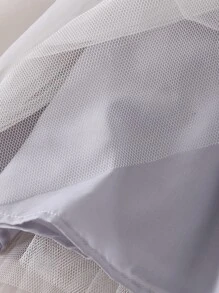 青少年女孩網紗拼接前蝴蝶結泡泡袖彼得潘領連衣裙 - 灰色 - 查看 11