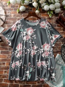 SHEIN LUNE Plus Floral Print Tee - Grey - View 1