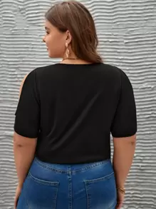 SHEIN Frenchy Plus Cold Shoulder Lace Trim Tee - Black - View 3