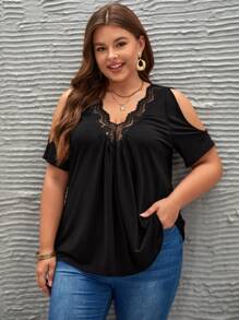 SHEIN Frenchy Plus Cold Shoulder Lace Trim Tee - Black - View 4