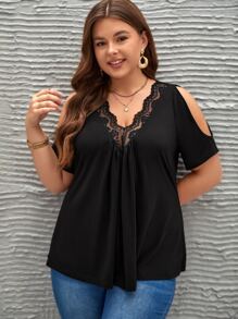SHEIN Frenchy Plus Cold Shoulder Lace Trim Tee - Black - View 5