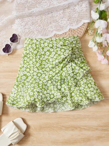 SHEIN 女孩碎花荷葉邊圍裹下擺半身裙