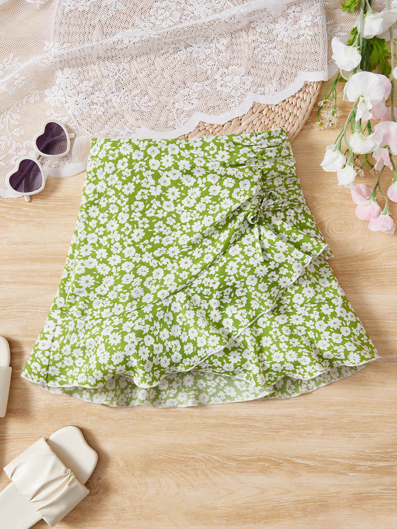 SHEIN 女孩碎花荷葉邊圍裹下擺半身裙