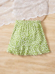 SHEIN 女孩碎花荷葉邊圍裹下擺半身裙