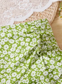 SHEIN 女孩碎花荷葉邊圍裹下擺半身裙