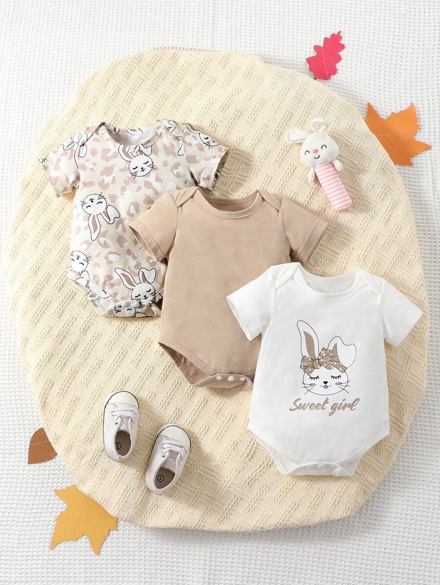 嬰兒3入組兔子和字母圖案連體衣