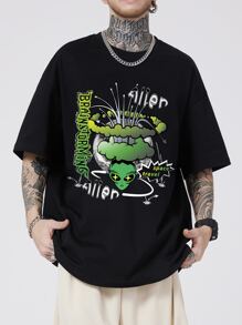 ROMWE MEN 男士字母卡通圖案T恤 - 黑色 - 查看 1