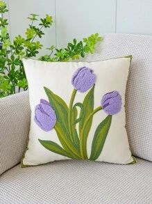 1入組無填充物花卉刺繡靠墊套現代帆布裝飾抱枕套 - 紫色 - 查看 1