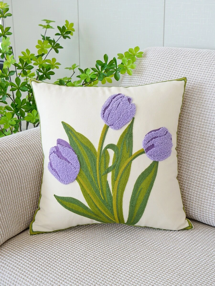 1入組無填充物花卉刺繡靠墊套現代帆布裝飾抱枕套 - 紫色 - 查看 1