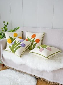 1入組無填充物花卉刺繡靠墊套現代帆布裝飾抱枕套 - 紫色 - 查看 3