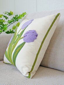 1入組無填充物花卉刺繡靠墊套現代帆布裝飾抱枕套 - 紫色 - 查看 7