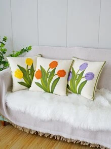 1入組無填充物花卉刺繡靠墊套現代帆布裝飾抱枕套 - 紫色 - 查看 4