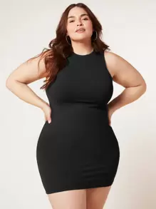 SHEIN BASICS 純色修身連身裙（大尺碼） - 黑色 - 查看 3