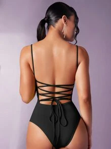 Silquee Solid Backless Cami Bodysuit - Black - View 2