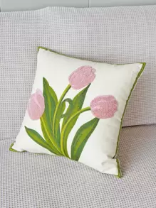 1入組無填充物花卉刺繡靠墊套現代帆布裝飾抱枕套 - 粉色 - 查看 3