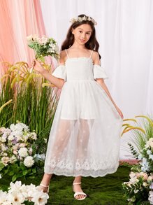 SHEIN Girls Cold Shoulder Embroidery Mesh Overlay Romper - White - View 1
