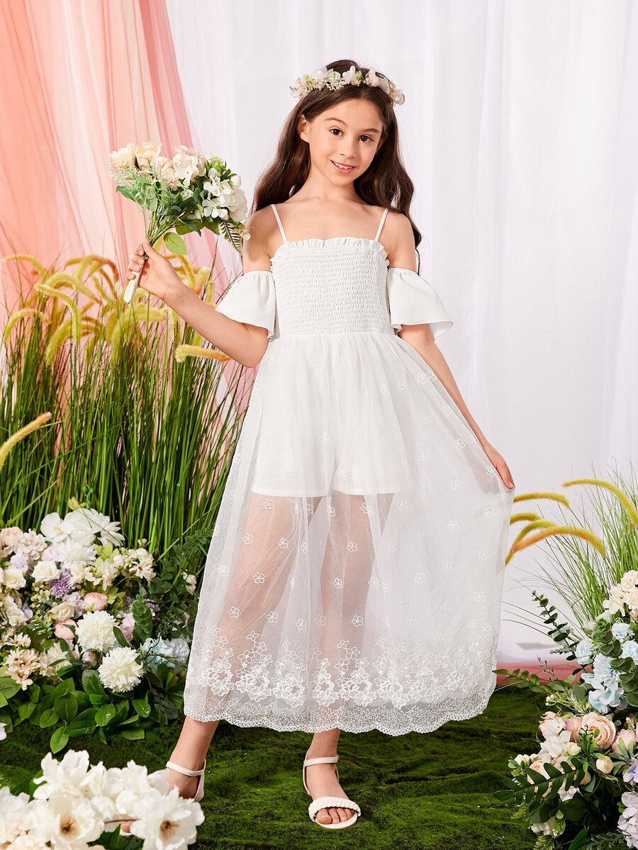 SHEIN Girls Cold Shoulder Embroidery Mesh Overlay Romper - White - View 1
