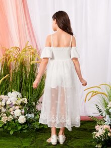 SHEIN Girls Cold Shoulder Embroidery Mesh Overlay Romper - White - View 2