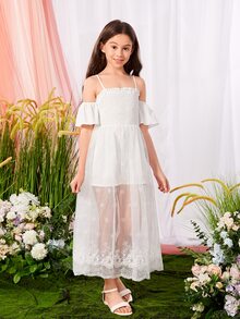 SHEIN Girls Cold Shoulder Embroidery Mesh Overlay Romper - White - View 3