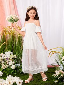 SHEIN Girls Cold Shoulder Embroidery Mesh Overlay Romper - White - View 4