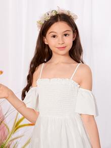 SHEIN Girls Cold Shoulder Embroidery Mesh Overlay Romper - White - View 6