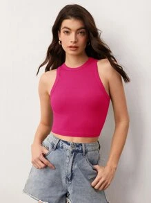 SHEIN BASICS Top De Tanque Acanalado Sólido Corto - Rosa Fucsia - Ver 1