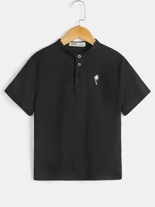 SHEIN Boys Embroidery Tropical Pattern Polo Shirt - Black - View 1