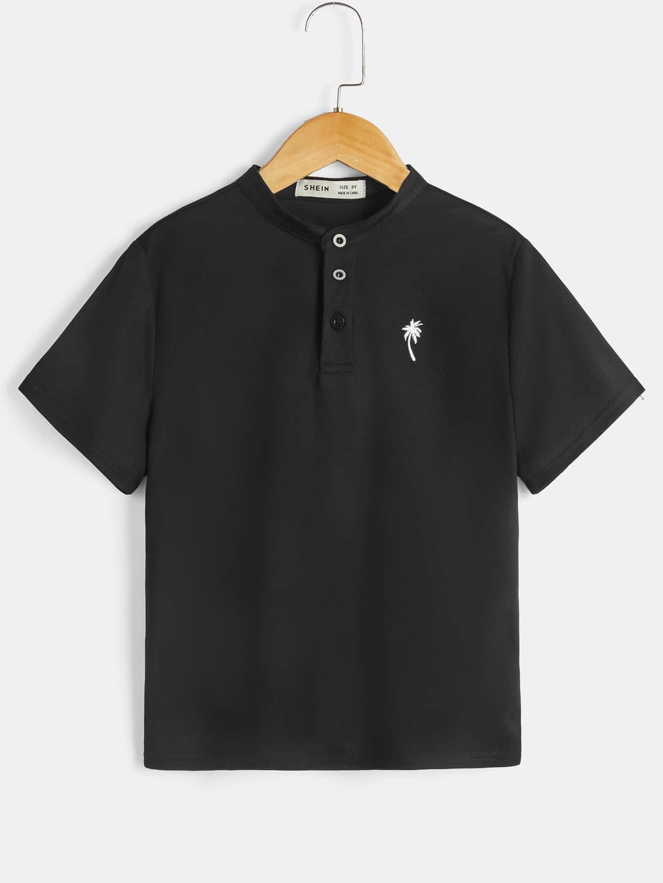 SHEIN Boys Embroidery Tropical Pattern Polo Shirt - Black - View 1