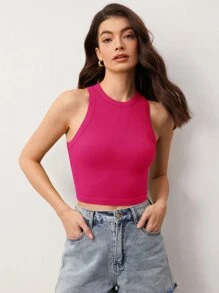 SHEIN BASICS Top De Tanque Acanalado Sólido Corto - Rosa Fucsia - Ver 3