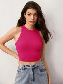 SHEIN BASICS Top De Tanque Acanalado Sólido Corto - Rosa Fucsia - Ver 6