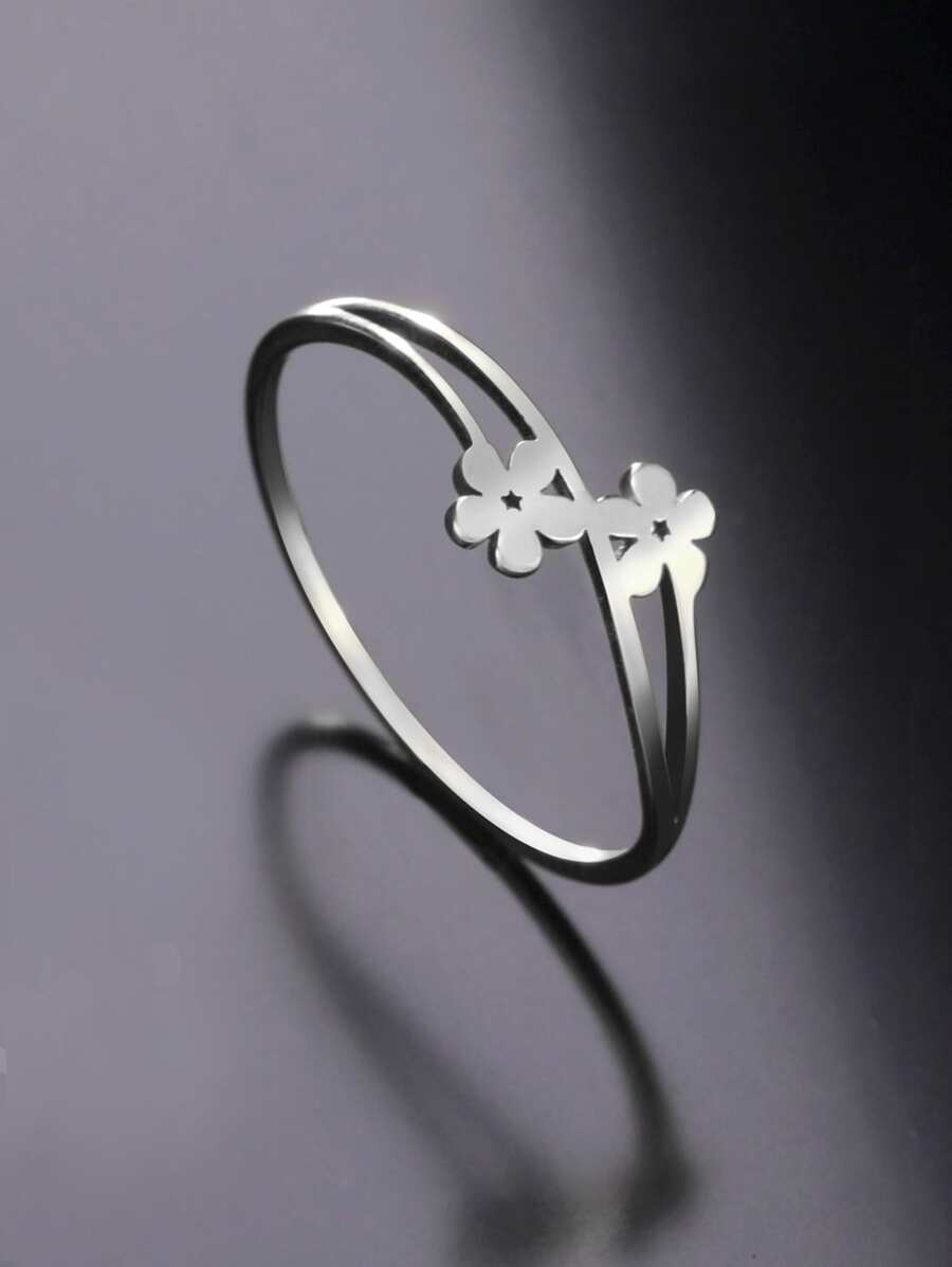 1 chiếc nhẫn trang trí hoa bằng thép không gỉ thời trang cho phụ nữ cho cuộc sống hàng ngày - Bạc - Xem 1