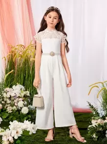 SHEIN Leap Crew Tween Girl Contrast Lace Raglan Sleeve Wide Leg Jumpsuit Without Belt - White - View 1