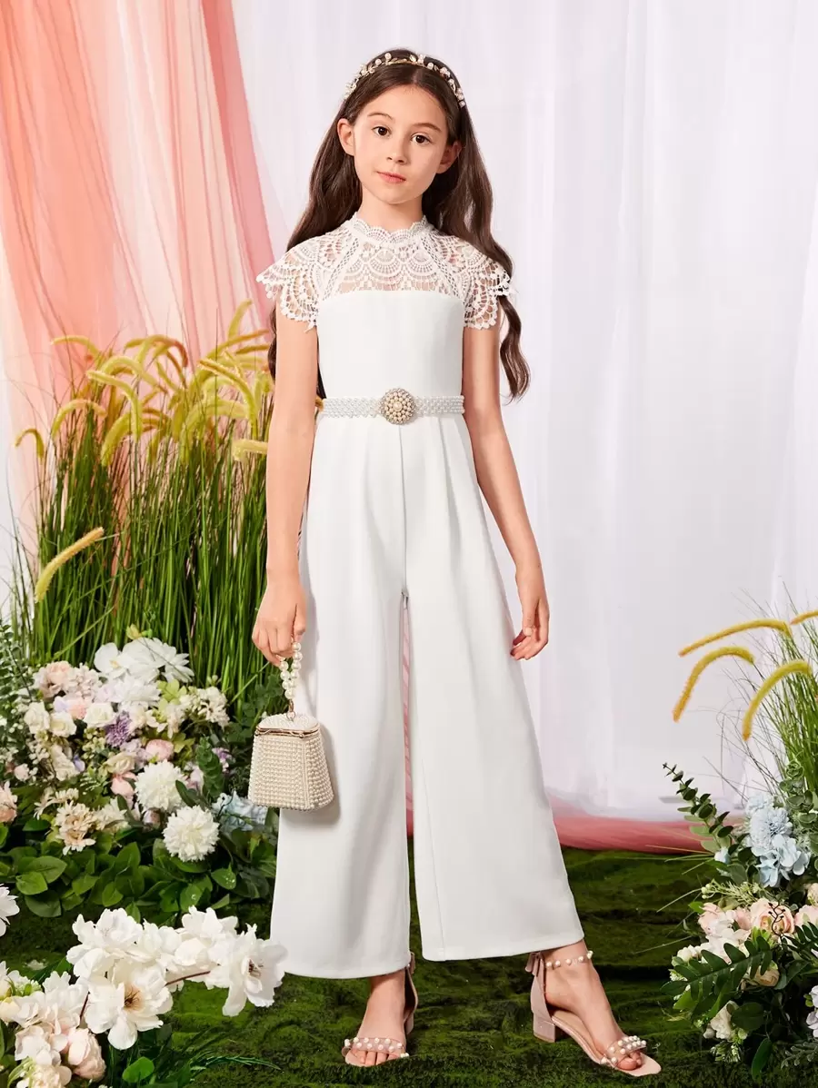 SHEIN Leap Crew Tween Girl Contrast Lace Raglan Sleeve Wide Leg Jumpsuit Without Belt - White - View 1