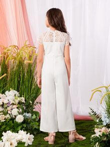 SHEIN Leap Crew Tween Girl Contrast Lace Raglan Sleeve Wide Leg Jumpsuit Without Belt - White - View 2