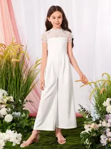 SHEIN Leap Crew Tween Girl Contrast Lace Raglan Sleeve Wide Leg Jumpsuit Without Belt - White - View 3