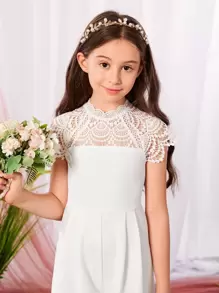 SHEIN Leap Crew Tween Girl Contrast Lace Raglan Sleeve Wide Leg Jumpsuit Without Belt - White - View 6