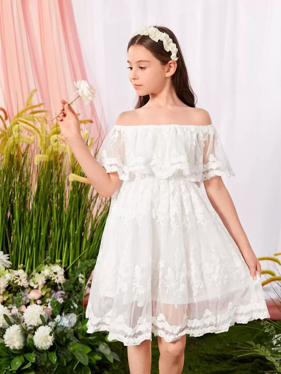 SHEIN 女孩一字肩荷葉邊刺繡網紗連衣裙 - 白色 - 查看 1