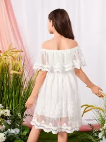 SHEIN Girls Off Shoulder Ruffle Trim Embroidery Mesh Dress - White - View 2
