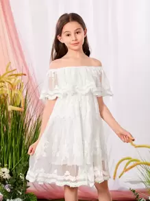 SHEIN Girls Off Shoulder Ruffle Trim Embroidery Mesh Dress - White - View 3