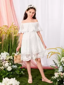 SHEIN Girls Off Shoulder Ruffle Trim Embroidery Mesh Dress - White - View 4