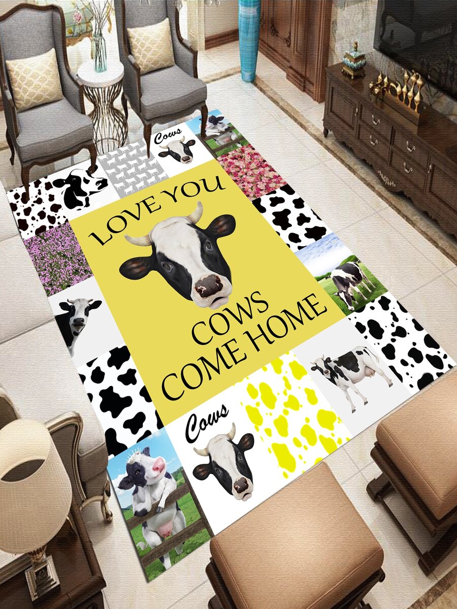 1 pieza Alfombra de piso con estampado de vaca y letra moderno poliéster para - Albaricoque - Ver 1