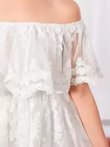 SHEIN Girls Off Shoulder Ruffle Trim Embroidery Mesh Dress - White - View 6