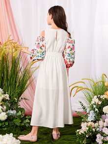 SHEIN Đầm Gái Thắt lưng Nút Cắt ra Hoa Giải trí - trắng - Xem 2