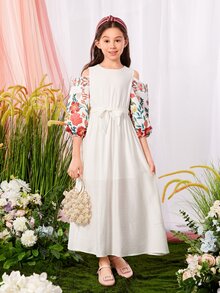 SHEIN Đầm Gái Thắt lưng Nút Cắt ra Hoa Giải trí - trắng - Xem 4