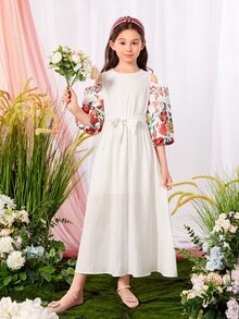 SHEIN Đầm Gái Thắt lưng Nút Cắt ra Hoa Giải trí - trắng - Xem 5
