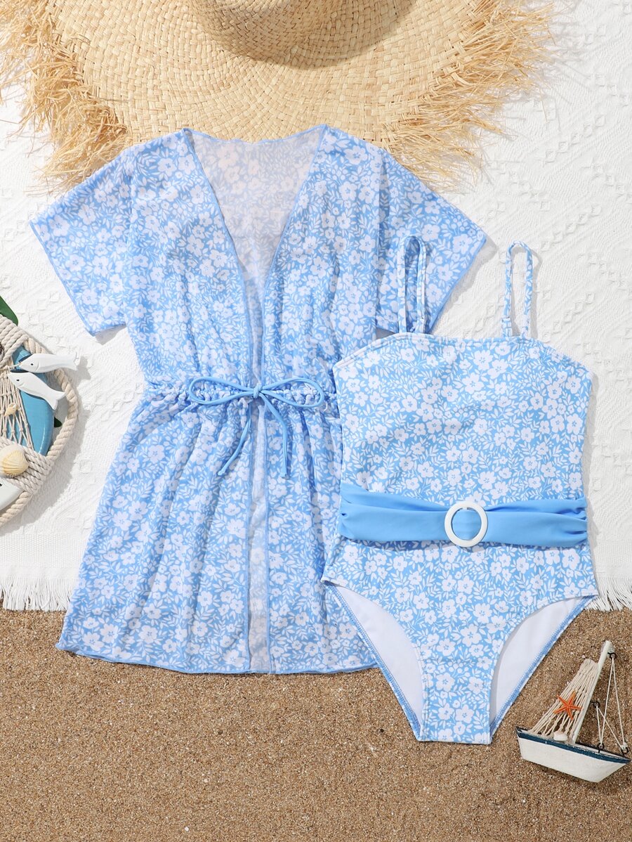Tween Girl Floral Print One Piece Swimsuit With Kimono - Blue and White - View 1