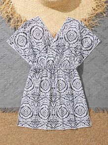 女孩圖案印花蝙蝠袖圍裹網紗罩衫連衣裙 - 黑與白 - 查看 2