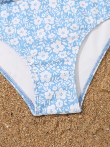 Tween Girl Floral Print One Piece Swimsuit With Kimono - Blue and White - View 5